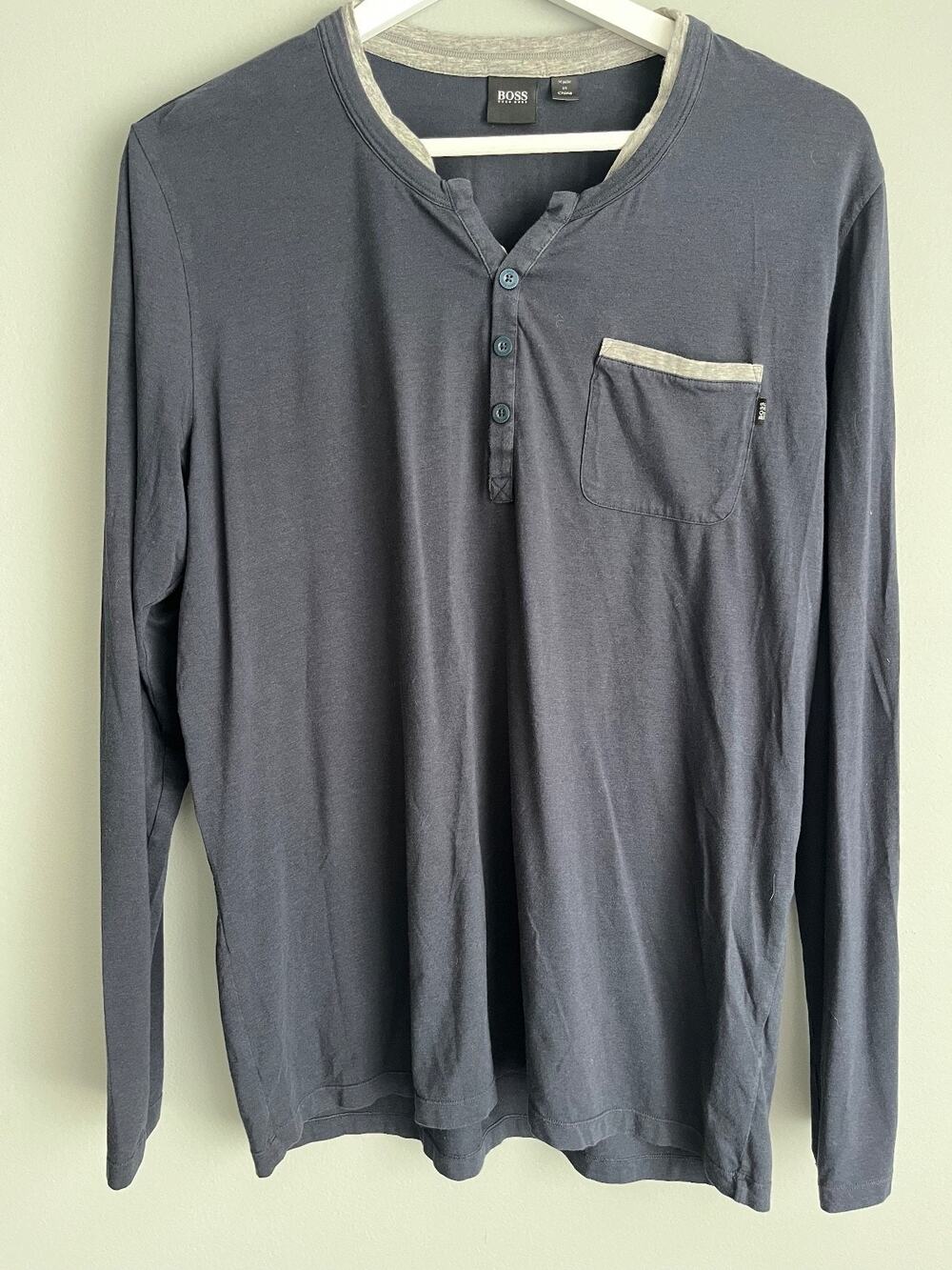 Hugo Boss Mens M Navy Blue Henley Long Sleeve Shirt Contrast Trim Pocket Preppy